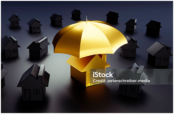  Golden Property Sheltered By An Umbrella Whilst All Surrounding Properties Are Dark Without Shelter 